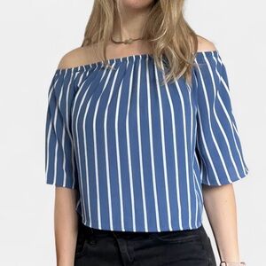 Blue and White Striped Off-the-Shoulder Blouse Size Small